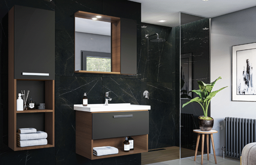antrasit ceviz renklerinde kale banyo trevi serisi banyo mobilyasi