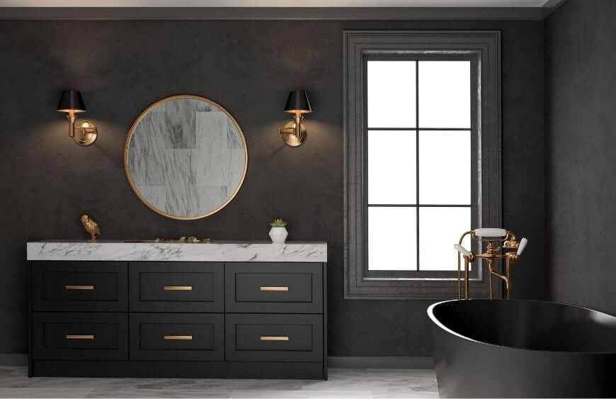 klasik siyah koyu renkli mermer tezgahli banyo ic mekani