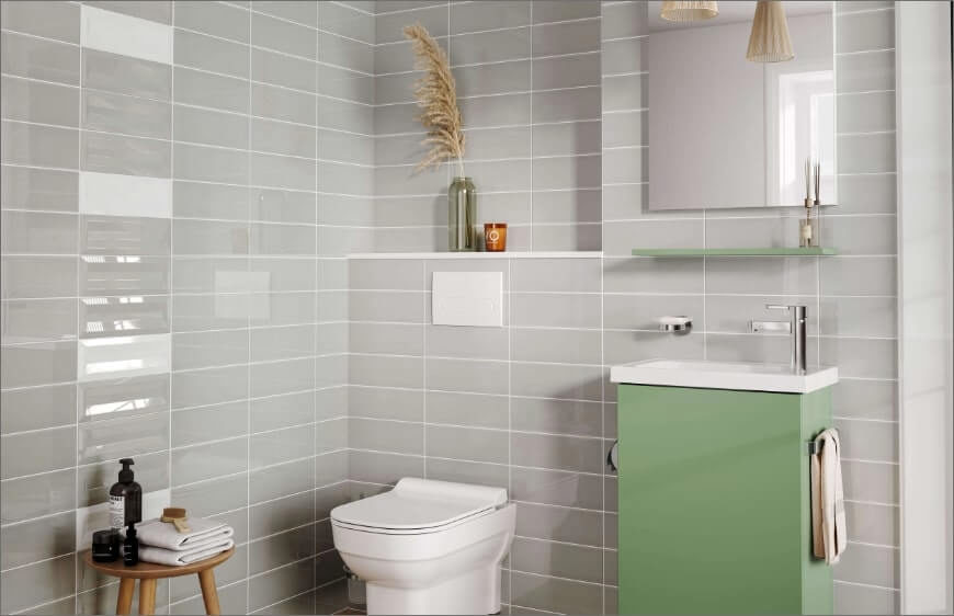 kucuk alanda kaleseramik minimalist yesil banyo mobilyasi lavabo dolabi uzeri lavabo