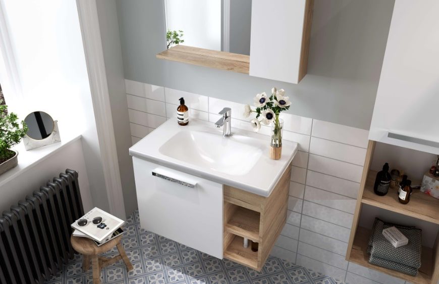 kale banyo mare koleksiyonu, ahsap ve beyaz renklerde banyo mobilyasi